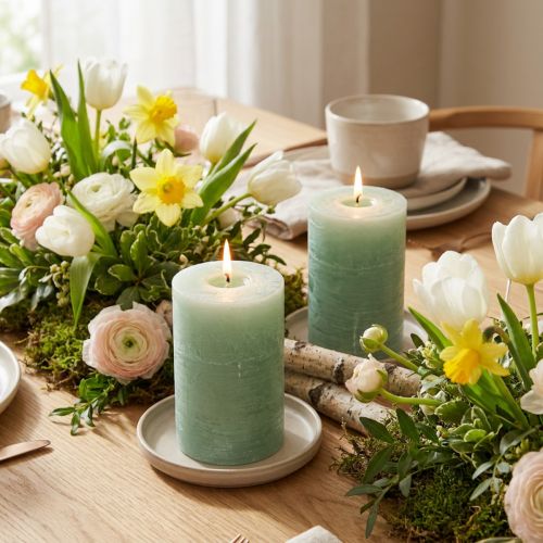 Yksiväriset kynttilät vaaleanvihreät 85x120mm 2kpl | Floristik24.fi