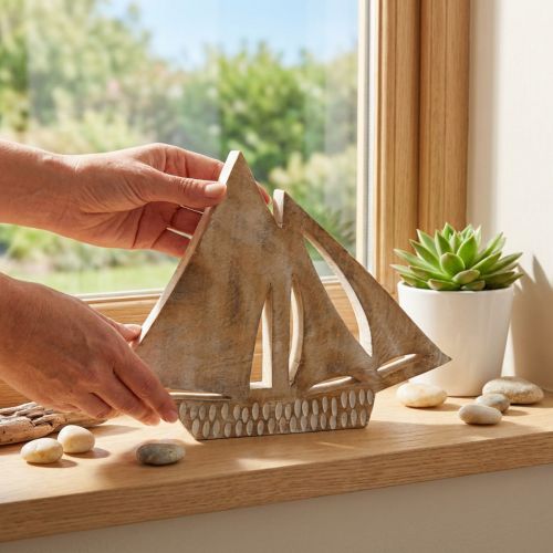 Puinen purjevene, merikoristelu, puuvene luonnonvärinen, valkoinen H23cm | Floristik24.fi