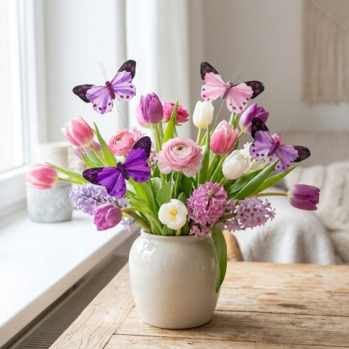 Deco-perhonen langalla höyhenperhoset purppura/pinkki 9,5cm 12kpl | Floristik24.fi
