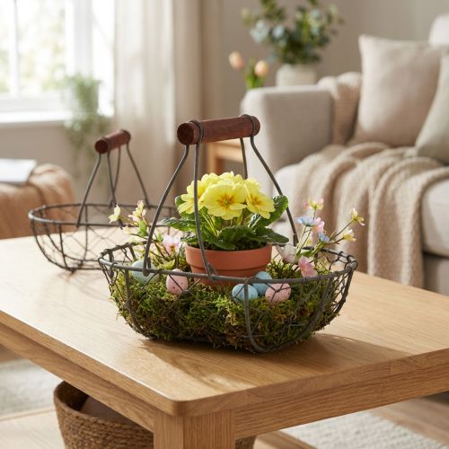 Soikea metallikori kahvalla, harmaa, 17 × 11 cm, korkeus 15 cm, 2 kpl | Floristik24.fi
