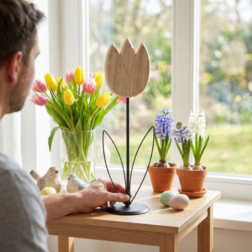 kohteita Koristeellinen puinen tulppaanihahmo jalustalla keväisiin yksityiskohtiin, 47,5 cm