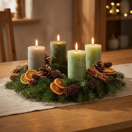 kohteita Vihreät pylväskynttilät, 3 varjostinta, yksivärinen, maalaismainen, 70x100 mm, 12 kpl:n setti, koristeluun ja adventtikäyttöön