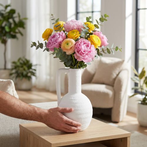 Koristemaljakko valkoinen kukkamaljakko, jossa kahva, keraaminen H26cm | Floristik24.fi
