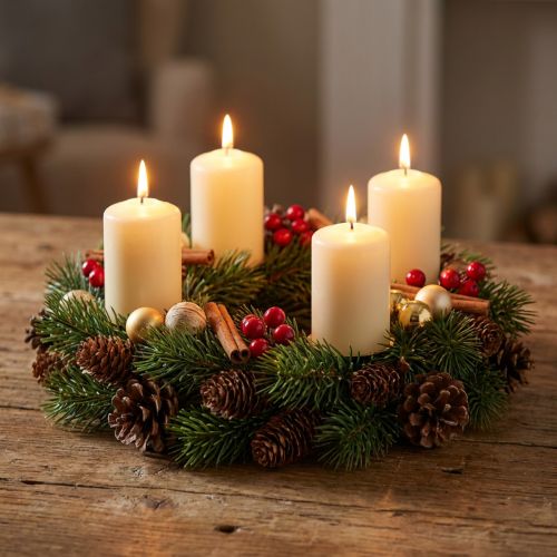 Adventtiseppele, kuusiseppele luonnon- ja keinotekoisilla käpyillä, vihreä oviseppele Ø30cm, joulukoriste | Floristik24.fi