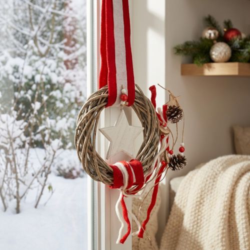 Jouluinen ikkunaseppele ripustettavaksi punainen, valkoinen Ø20cm L98cm | Floristik24.fi