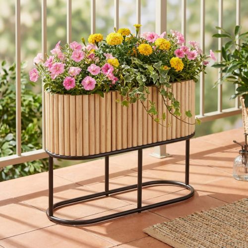 Minikorotettu kukkapenkki, jardiniere, ruukku, puuta, soikea, 50 × 20 cm, korkeus 40 cm | Floristik24.fi