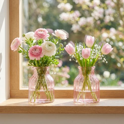 Lasinen kukkamaljakko, retro, pinkki, Ø11cm, K14.5cm, 2 kpl | Floristik24.fi