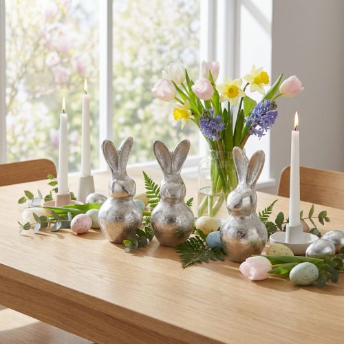 Decorative Bunny Silver – Moderni pääsiäisfiguuri metallista tyylikkääseen kevätkoristeeseen 11cm 3 kpl | Floristik24.fi