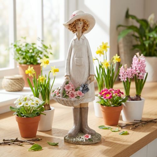 Koristeelliset puutarhurihahmot, koristeellinen nainen kukkien kanssa, valkoinen-pinkki, K21cm | Floristik24.fi