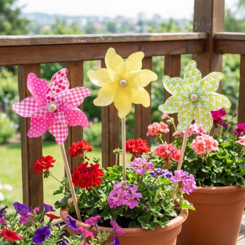 kohteita Pinwheel Pinwheel Keltainen Vihreä Tuulimyllyparvekkeen koristelu Ø15cm 3kpl