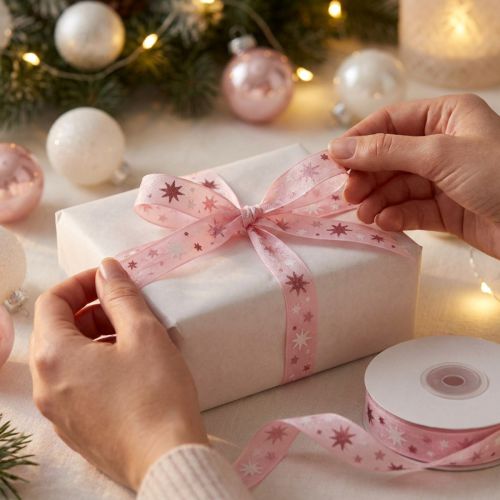 Nauha joululahja nauha pinkki tähtikuvio 15mm 20m | Floristik24.fi