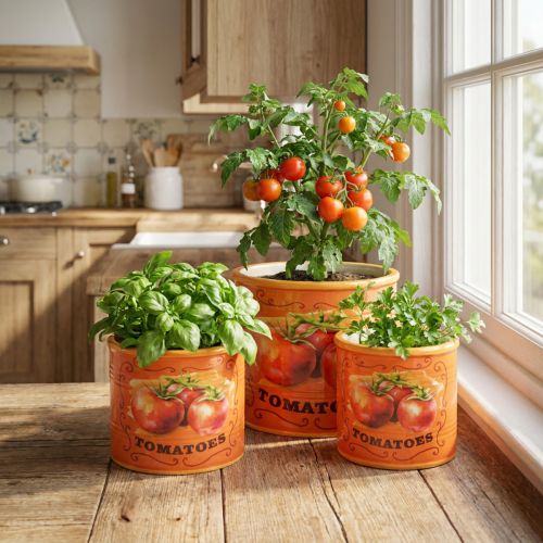 Tomaattiruukkusetti, keraamiset koristeelliset kukkaruukut keittiöön ja retro-sisustukseen, 14 cm, 3 kpl:n setti | Floristik24.fi