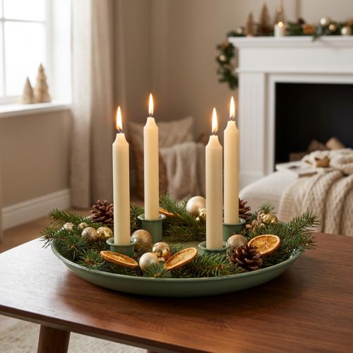 kohteita Kynttilälautanen Adventtiseppele vihreä neljällä kynttilänjalalla 24cm