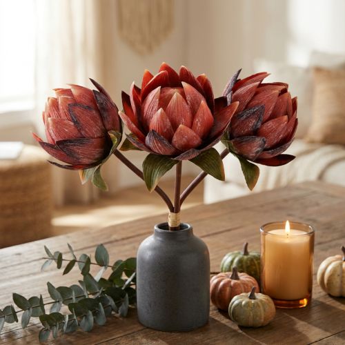 Koristeelliset tekokukat Protea punaoranssi 34cm 3kpl | Floristik24.fi