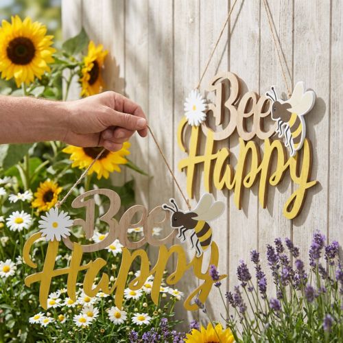 kohteita Koristeellinen kyltti mehiläinen “Bee Happy” kesäkoristelupuu 31×18cm 2kpl