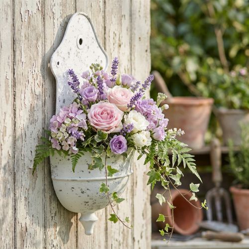Shabby Chic -seinäkulho metallinen puolipyöreä valkoinen 24cm×10cm×47cm | Floristik24.fi
