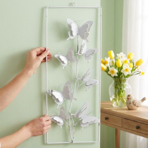 Perhosen ripustustaide Kevätmetalliseinätaide Shabby Chic Valkoinen Hopea H47,5cm | Floristik24.fi