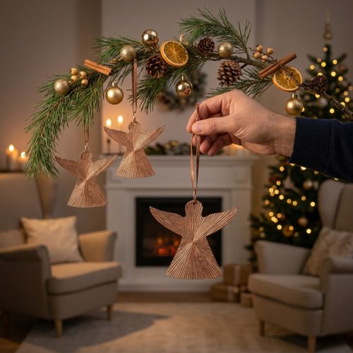 Enkeli ripustettavaksi, adventtikoriste, metallikoriste kuparin värinen 9×10cm 3kpl. | Floristik24.fi