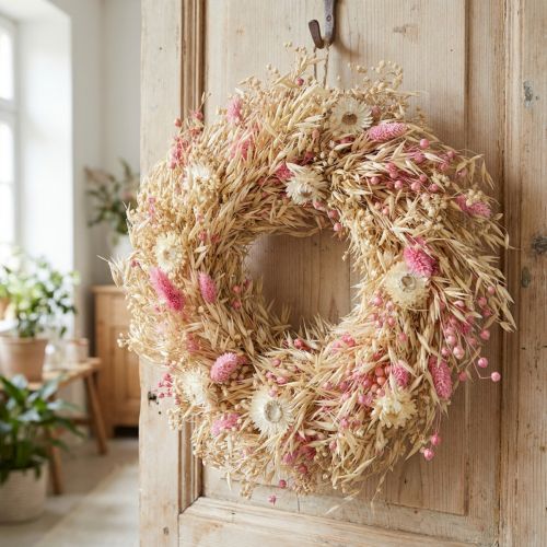 Koristeellinen seppele, kauraseppele, luonnonvärinen seppele, olkikukat, pinkki, Ø29cm | Floristik24.fi