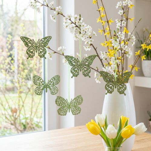 Koristeellinen ripustin perhonen vihreä glitter 8cm 12 kpl | Floristik24.fi
