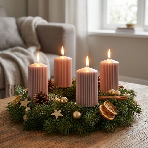 kohteita Pylväskynttilät, antiikkiruusu, uritetut kynttilät, 70/90 mm, 4 kpl:n setti, koristekynttilät, adventtiseppele, vähän savua, pitkä paloaika