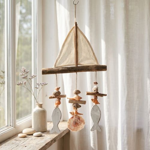 kohteita Tuulikello purjelaivan koristelu kalapuu valkoinen luonnollinen K56cm