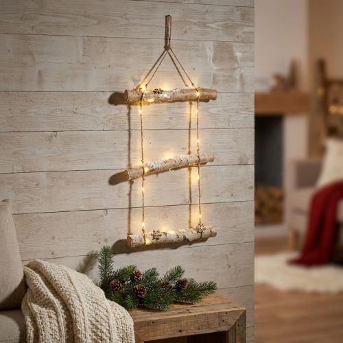 kohteita Jouluseinäkoriste mikro-LED-keijuvaloilla, pienillä puisilla lumihiutaleilla ja lumen peittämillä oksilla H150cm