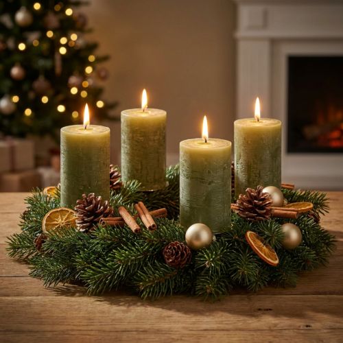 Yksiväriset oliivinvihreät pylväskynttilät 60 × 80 mm, 4 kpl pakkaus, koristeluun ja adventtiaikaan | Floristik24.fi