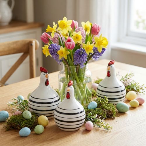 Koristeellinen Chicken Ceramic White mustilla raidoilla pyöreä Ø 7cm K11cm 3 kpl | Floristik24.fi