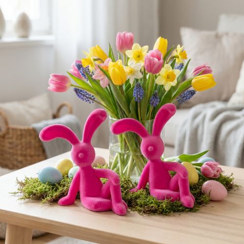Koristeellinen istuva kani keväiseksi koristeeksi olohuoneeseen tai toimistoon, 22 cm, 2 kpl | Floristik24.fi