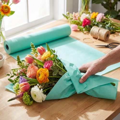 Mansettipaperi pehmopaperi kukkapaperi turkoosi 25cm 100m | Floristik24.fi
