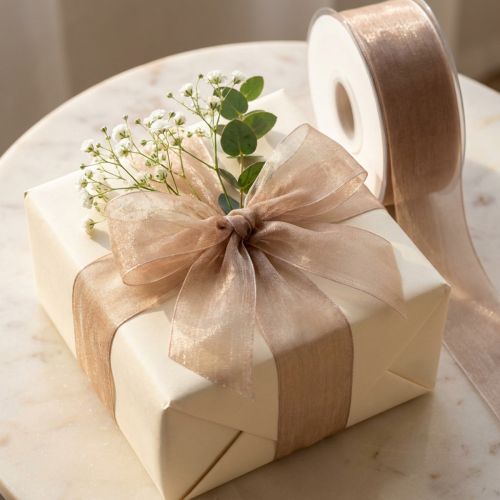 kohteita Organza nauha lahjanauha beige nauha kudottu reuna taupe 40mm 50m