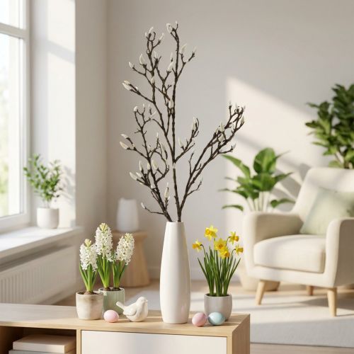 kohteita Keinotekoinen magnoliaoksa Kevätkoristeluoksa silmuilla Ruskea Valkoinen L135cm