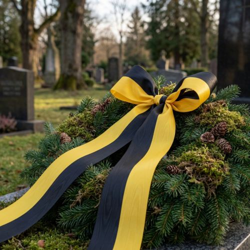 Moiré-seppelenauha 150 mm kelta-musta - surunauha, vyö, koriste, klubinauha - 25 m rulla | Floristik24.fi