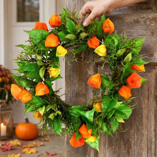 Keinotekoinen Physalis-seppele, oranssi ja vihreä, Ø28cm, syyskoriste | Floristik24.fi