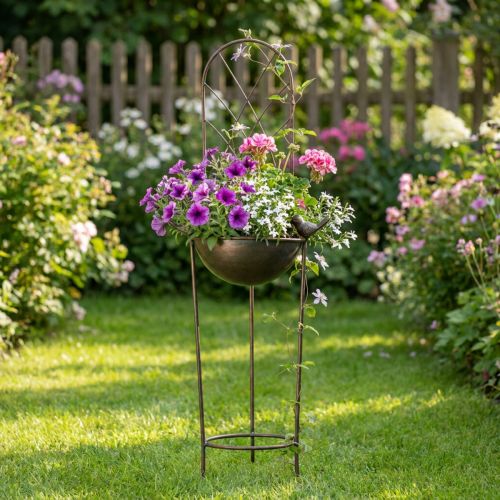 Koristeellinen lintuallas, kukkamalja säleiköllä, nostalginen ilme, tyylikäs puutarhakorostus, 75 cm | Floristik24.fi