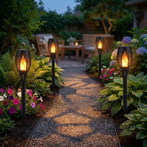 kohteita LED-aurinkokäyttöiset taskulamput puutarhaan, liekkiefekti, parveke, korkeus 38 cm, 4 kpl