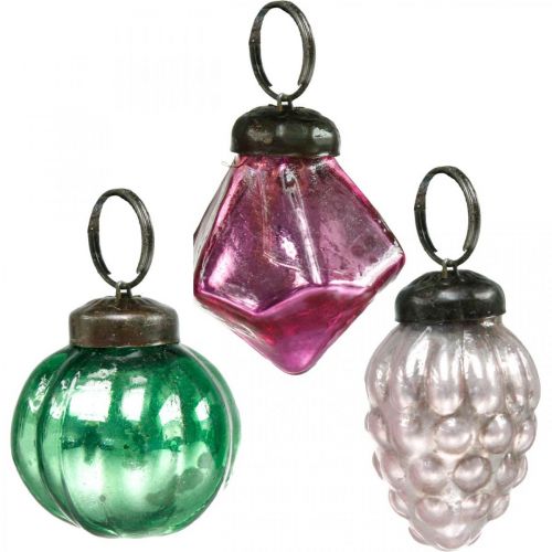 kohteita Lasipalloseos, timantti/pallo/kartio aitoa lasia, antiikkinäköinen Ø3–3,5 cm K4,5–5,5 cm 9 kpl
