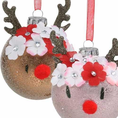 Floristik24 Joulukuusipallo, poro kukkaseppeleellä, adventtikoristeet, puukoristeet ruskea, vaaleanpunainen aito lasi Ø8cm 2kpl