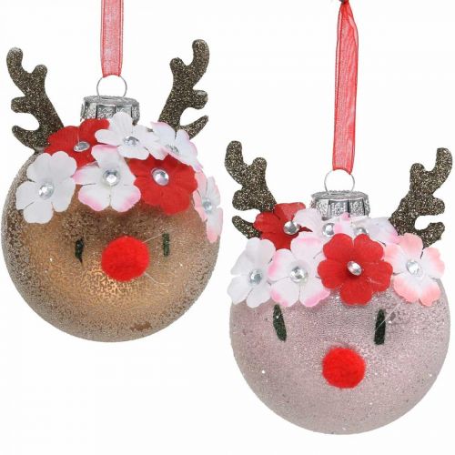Floristik24 Joulukuusipallo, poro kukkaseppeleellä, adventtikoristeet, puukoristeet ruskea, vaaleanpunainen aito lasi Ø8cm 2kpl