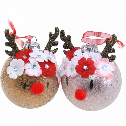 Floristik24 Joulukuusipallo, poro kukkaseppeleellä, adventtikoristeet, puukoristeet ruskea, vaaleanpunainen aito lasi Ø8cm 2kpl