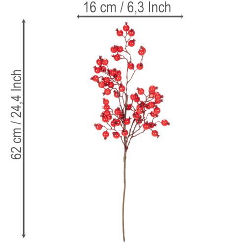 Keinotekoinen ruusunmarjan oksa kiiltävillä marjoilla, 62cm | Floristik24.fi