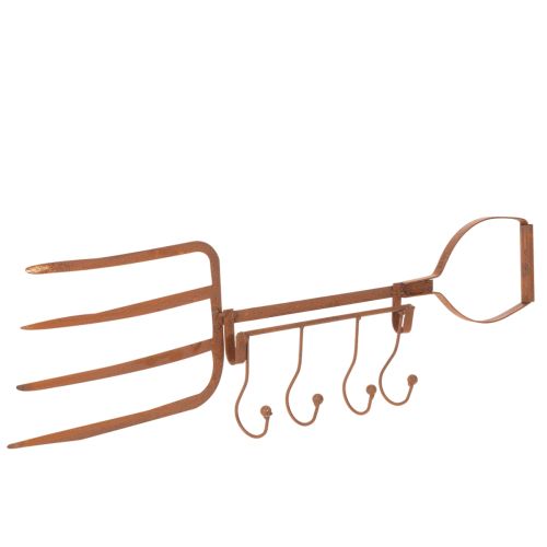 Ruosteinen metallinen koukkukisko, koristeellinen heinähaarukka, puutarhakoriste, 4 koukkua, 62 cm