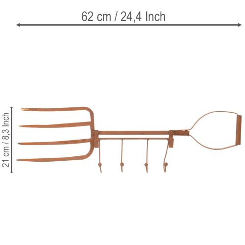 Ruosteinen metallinen koukkukisko, koristeellinen heinähaarukka, puutarhakoriste, 4 koukkua, 62 cm | Floristik24.fi