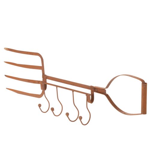 Ruosteinen metallinen koukkukisko, koristeellinen heinähaarukka, puutarhakoriste, 4 koukkua, 62 cm | Floristik24.fi