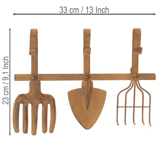 Koukkukisko puutarhatyökaluille, puutarhakoristeille, haravalle, lapiolle ja kuokalle; metallinen naulakko ruosteisesta metallista, pituus 33,5 cm | Floristik24.fi