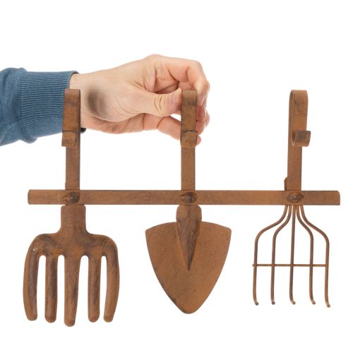 Koukkukisko puutarhatyökaluille, puutarhakoristeille, haravalle, lapiolle ja kuokalle; metallinen naulakko ruosteisesta metallista, pituus 33,5 cm | Floristik24.fi