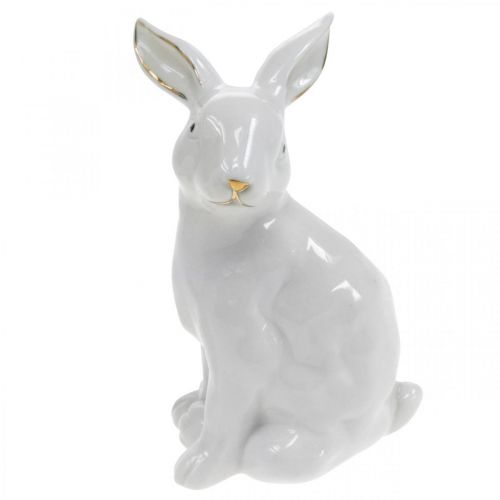 Pääsiäispupu valko-kultainen, kevätkoristeet, keraaminen figuuri valkoinen, kultainen H13cm 2kpl