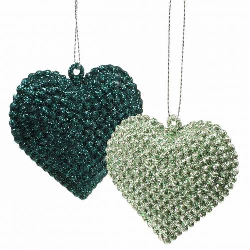 Floristik24 Kimalle sydän asetettu ripustettavaksi smaragdi, jääsininen 6cm x 6,5cm 12kpl