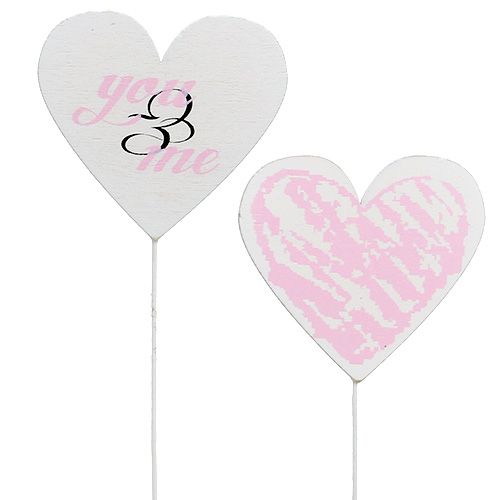 Floristik24 Sydän tikussa 7cm valkoinen, pinkki 12 kpl
